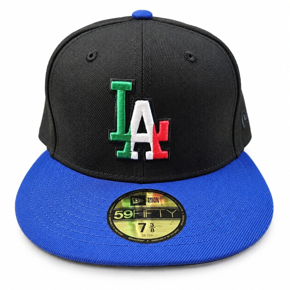 New Era 59FIFTY LA Dodgers Hat Mens 7 3/8 Black Blue Mexico Flag Colors Logo NWT